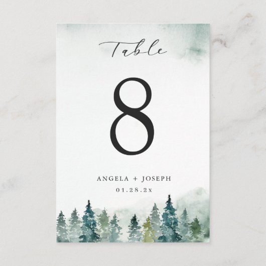 Kaart winterbos Pine Trees Wedding Table Number (Achterkant)