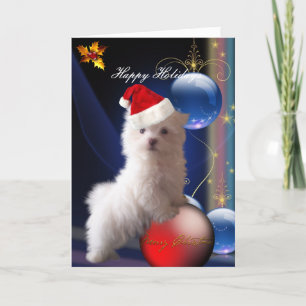 Kaart Witte Puppies Hond Bloemen "Prettige Feestda