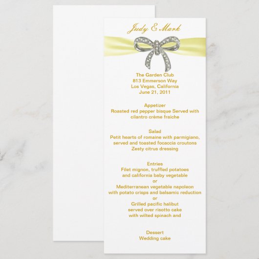 Kaart Yellow Diamond Bow Wedding Menu (Voorkant / Achterkant)