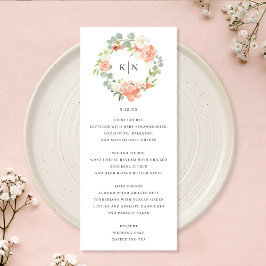 Kaart Zacht peach Floral Monogram Wedding Menu
