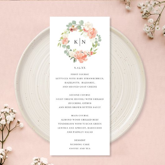 Kaart Zacht peach Floral Monogram Wedding Menu