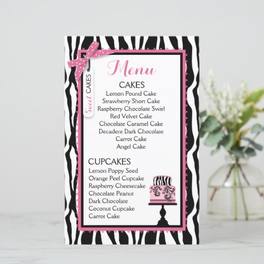 Kaart Zebra Print and Cake Bakery Menu (Staand voorkant)