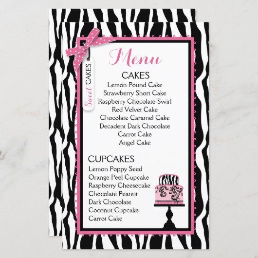 Kaart Zebra Print and Cake Bakery Menu (Voorkant / Achterkant)