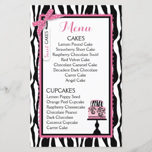 Kaart Zebra Print and Cake Bakery Menu (Voorkant)