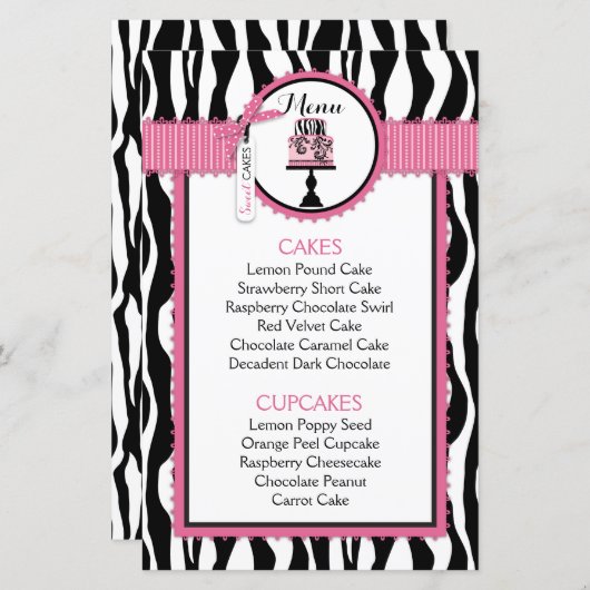 Kaart Zebra Print and Cake Bakery Menu (Voorkant / Achterkant)