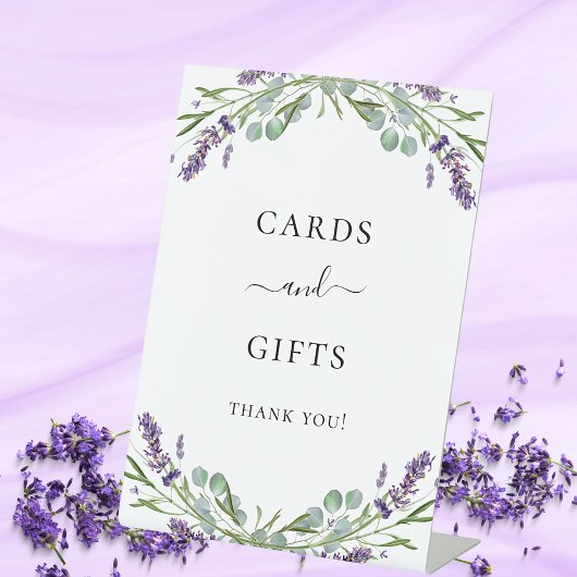Kaarten cadeaus lavender violet florale eucalyptus reclamebord met voetstuk