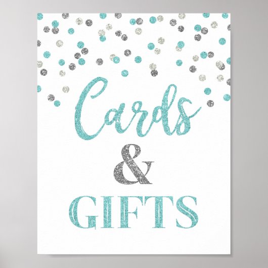 Kaarten en cadeaus baby shower bord blauw zilveren poster (Voorkant)