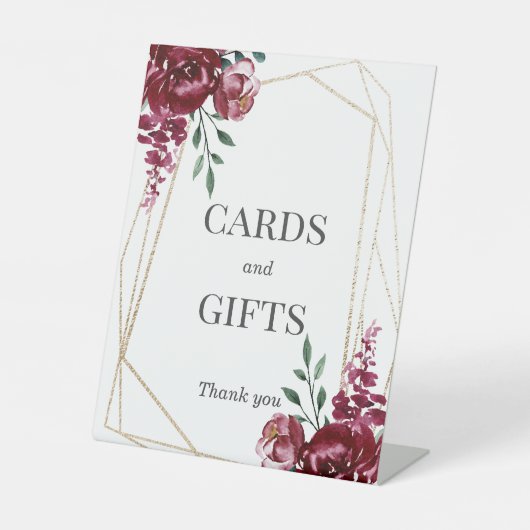 Kaarten en cadeaus | Bourgogne Floral Wedding Reclamebord Met Voetstuk (Voorkant)