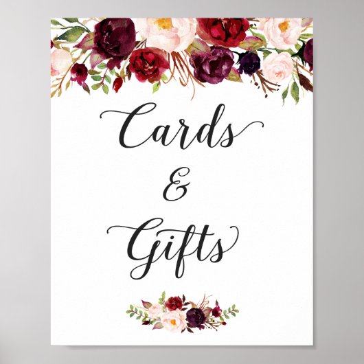 Kaarten en cadeaus | Burgundy Floral Wedding Sign Poster (Voorkant)