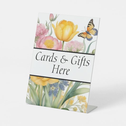 Kaarten en cadeaus hier huwelijkscadeautafel bord reclamebord met voetstuk (Voorkant)