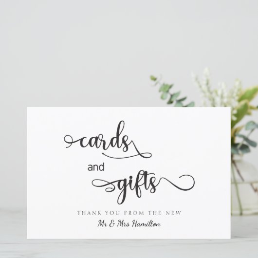 "Kaarten en cadeautjes" Zwart wit modern bruiloft (Staand voorkant)