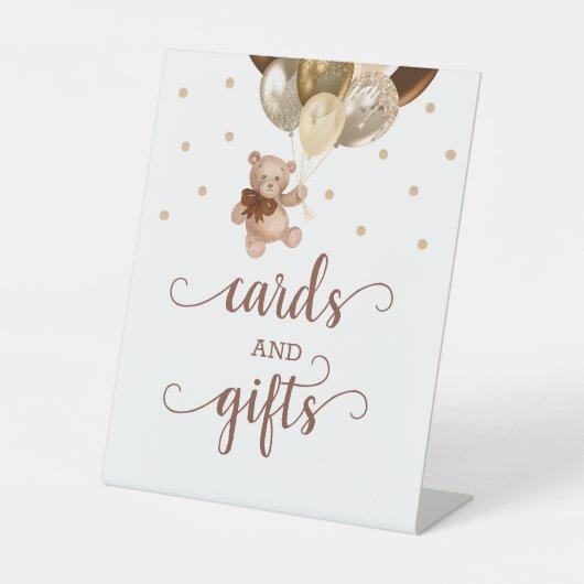 Kaarten en Gifts Teddy Bear Brown Gold-ballonnen Reclamebord Met Voetstuk (Voorkant)