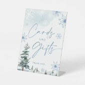 Kaarten en schitterende blauwe wintertekens reclamebord met voetstuk (Voorkant)