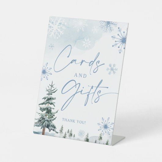 Kaarten en schitterende blauwe wintertekens reclamebord met voetstuk (Voorkant)