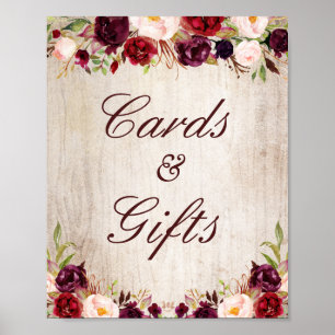 Kaarten en tenteken Rustic Wood Burgundy Floral Poster