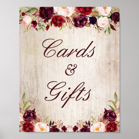 Kaarten en tenteken Rustic Wood Burgundy Floral Poster (Voorkant)