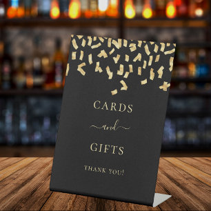 Kaarten geschenken zwart goud confetti reclamebord met voetstuk