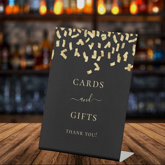 Kaarten geschenken zwart goud confetti reclamebord met voetstuk