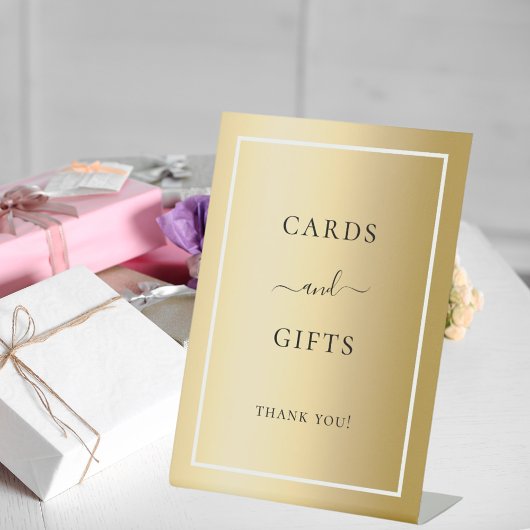 Kaarten geven gouden feest reclamebord met voetstuk