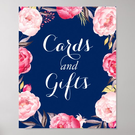 Kaarten geven marineblauw Floral met grote bruilof Poster (Voorkant)