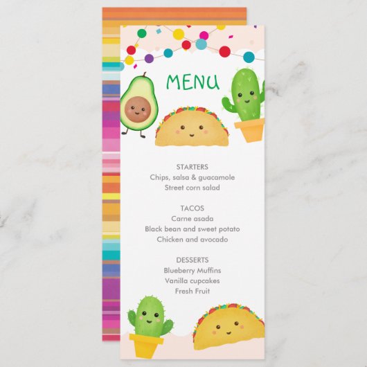 Kaarten in het menu Baby shower van de Taco Party (Voorkant / Achterkant)