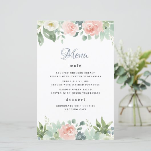 Kaarten in het menu Dusty Blue Blush Floral Garden (Staand voorkant)