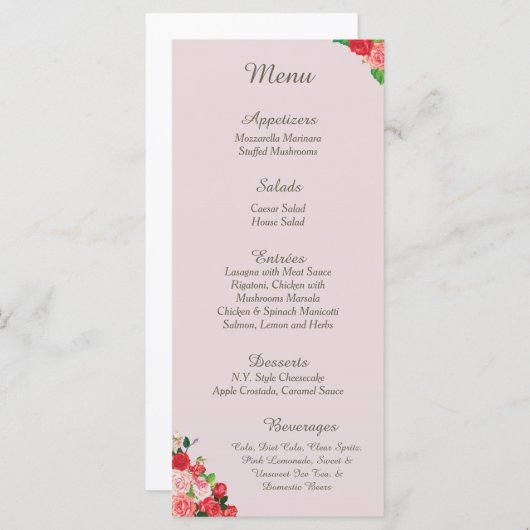 kaarten in het menu Menu Opvang roze en rode rozen (Voorkant / Achterkant)