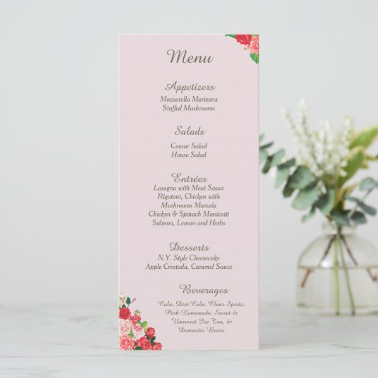 kaarten in het menu Menu Opvang roze en rode rozen (Staand voorkant)