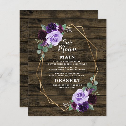 Kaarten in het menu Paars en gouden bruiloft (Voorkant / Achterkant)