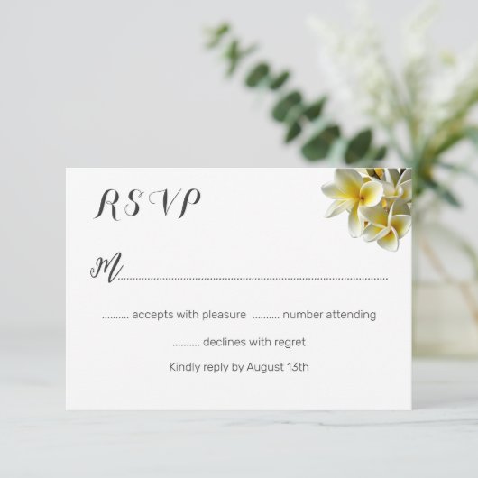Kaarten op het witte huwelijk van Hawaiian Plumeri RSVP Kaartje (Staand voorkant)