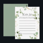 Kaarten van de gouden Confetti Eucalyptus Foliage<br><div class="desc">Deze gouden kaarten met eucalyptusnaaldboekjes zijn de perfecte activiteit voor een ritse trouwreceptie of vrijgezellenfeest. Het ontwerp is voorzien van waterverf eucalyptus groene loof met gouden confetti. Het teken Bucket List wordt apart verkocht.</div>