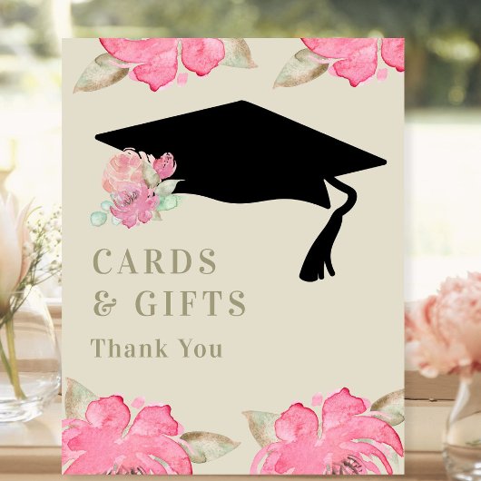 Kaarten van de roze Floral Graduation Party en Gif Reclamebord Met Voetstuk