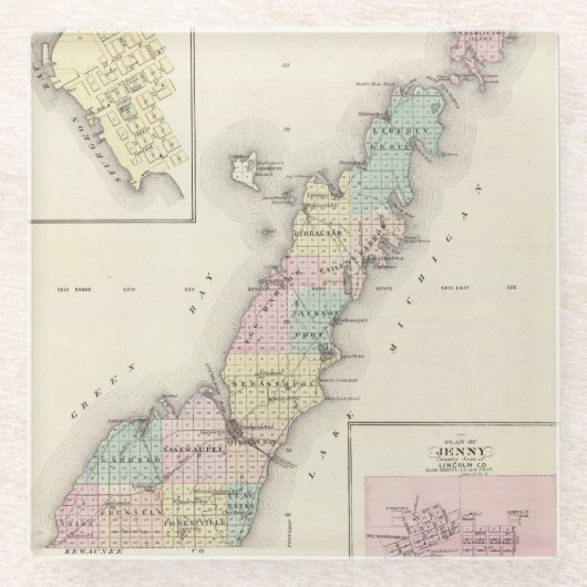 Kaarten van Deuren County, Sturgeon Bay en Jenny Glazen Onderzetter (Voorkant)