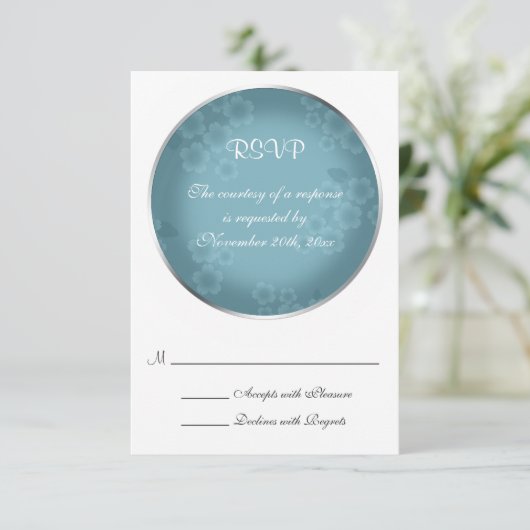Kaarten van Floral Watermark Slate Blue Wedding RS RSVP Kaartje (Staand voorkant)