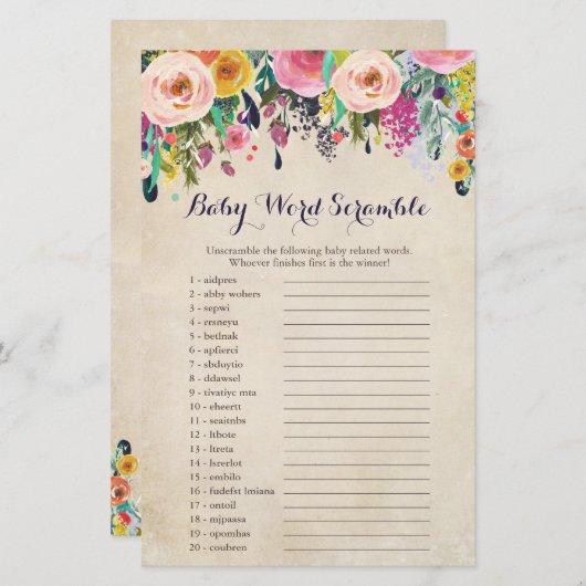 Kaarten van het Baby shower Word Scramble Game (Voorkant / Achterkant)
