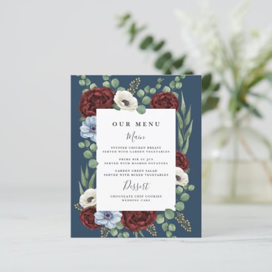 Kaarten van het Burgundy Peony Dusty Blue Navy Wed (Staand voorkant)