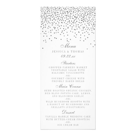 Kaarten van het  Glam Silver Confetti Wedding Menu (Voorkant)