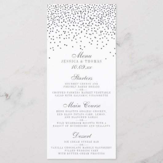 Kaarten van het  Glam Silver Confetti Wedding Menu (Voorkant)