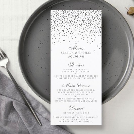 Kaarten van het Glam Silver Confetti Wedding Menu