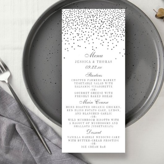 Kaarten van het  Glam Silver Confetti Wedding Menu