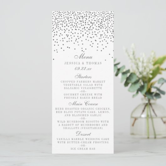 Kaarten van het  Glam Silver Confetti Wedding Menu (Staand voorkant)