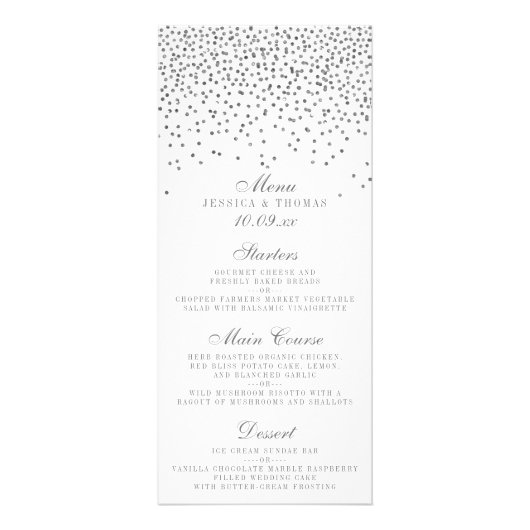 Kaarten van het  Glam Silver Confetti Wedding Menu (Voorkant)