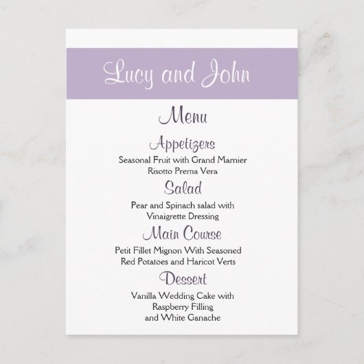 Kaarten van het Lavender Wedding Menu (Voorkant)