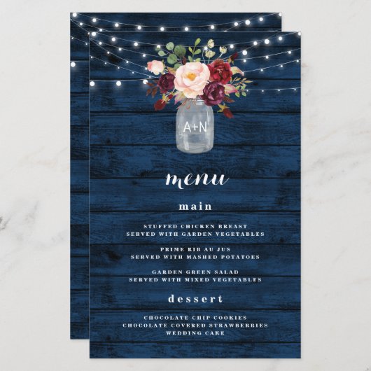 Kaarten van het menu Rustige Navy Blue Burgundy Bl (Voorkant / Achterkant)