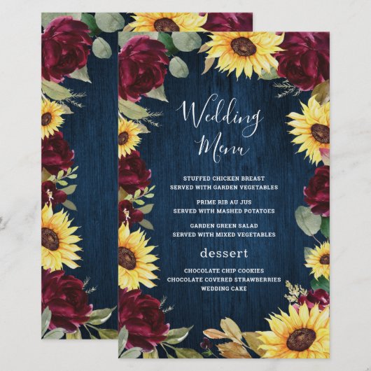 Kaarten van het menu "Sunflower Burgundy Navy Blue (Voorkant / Achterkant)