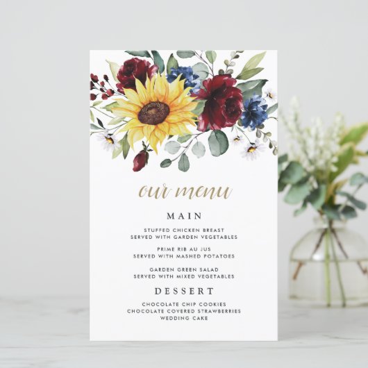 Kaarten van het menu Zonnebloem Burgundy Rozen (Staand voorkant)