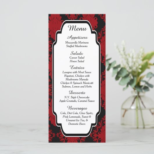 kaarten van het Romantic Red Damask-menu (Staand voorkant)