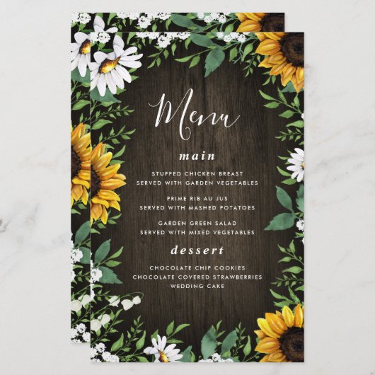 Kaarten van het Sunflower en Daisy Rustic Wood Wed (Voorkant / Achterkant)