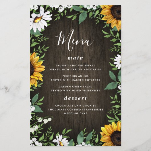 Kaarten van het Sunflower en Daisy Rustic Wood Wed (Voorkant)