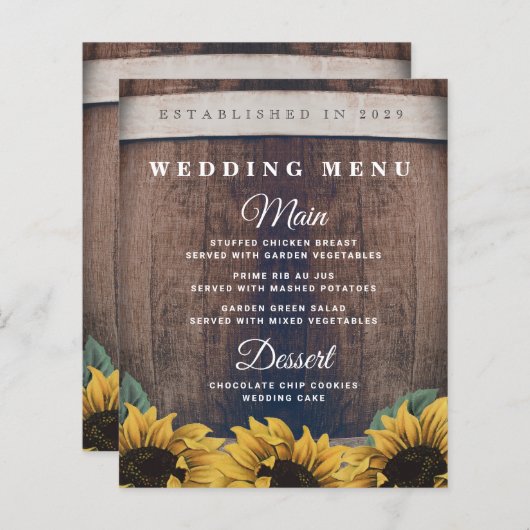 Kaarten van het  Sunflower Wedding Menu Rustic Bar (Voorkant / Achterkant)